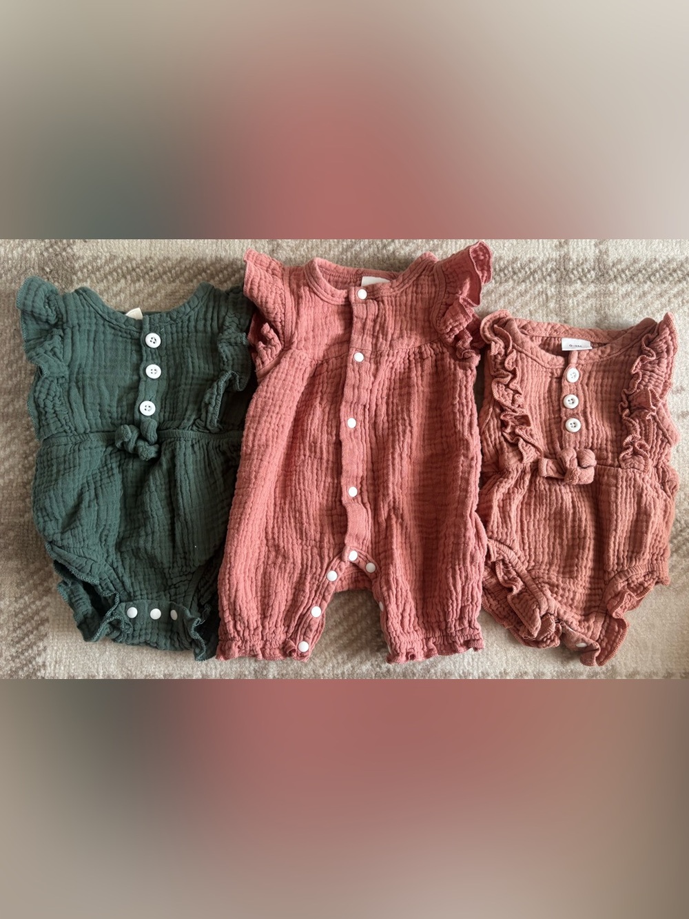 Unbranded Girls' Ruffled Muslin Romper - Green and Dusty Rose